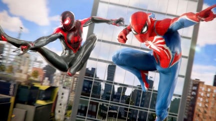Miles Morales Spider-Man and Peter Parker Spider-Man in Insomniac Games' Marvel's Spider-Man 2