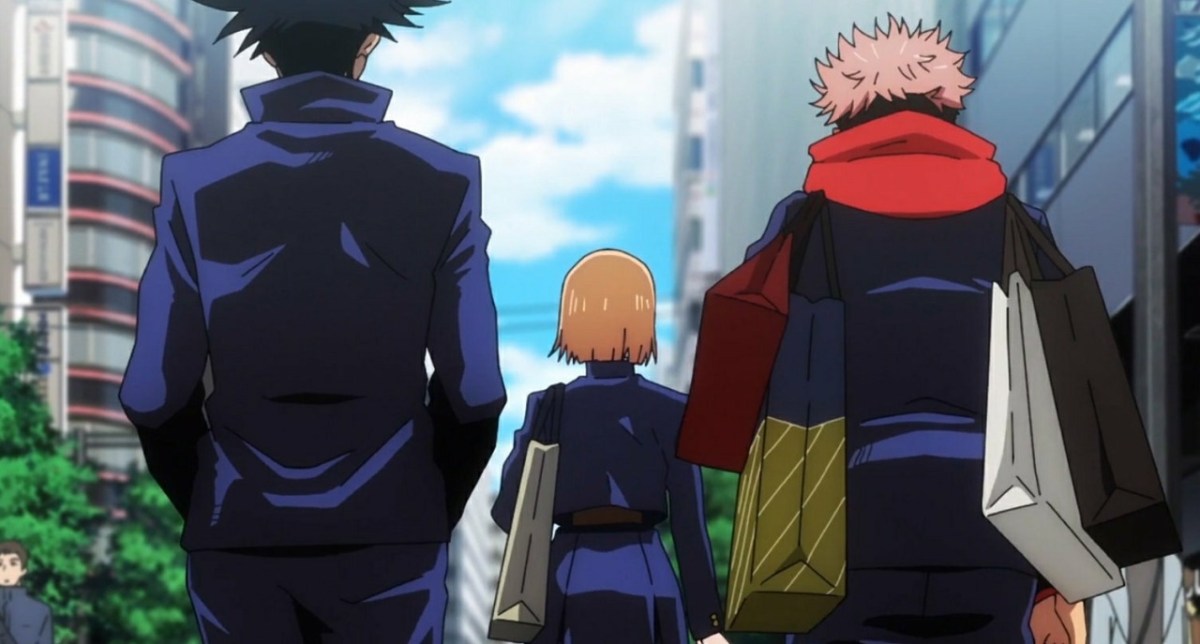 Megumi, Nobara, and Yuji from Jujutsu Kaisen Season 1 going shopping before meeting with Gojo Satoru.