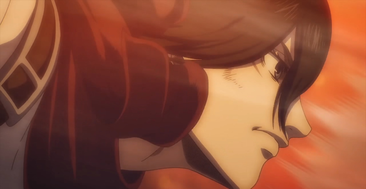 Mikasa asking for everybody's help to subdue Eren in Attack on Titan Season 4, Part 3.