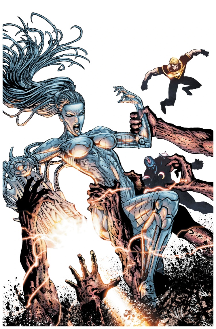 A metallic woman, Angela Spica aka The Engineer, fights off hands reaching out for her from DC Comics Stormwatch Vol 3 #11.