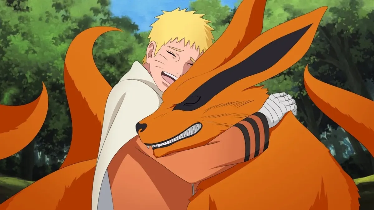 Naruto and his great friend, Kurama share a hug in Boruto.