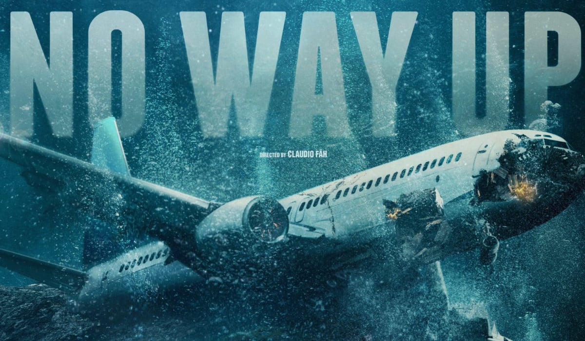 The poster for disaster movie No Way Up, with a crashed plane in the ocean