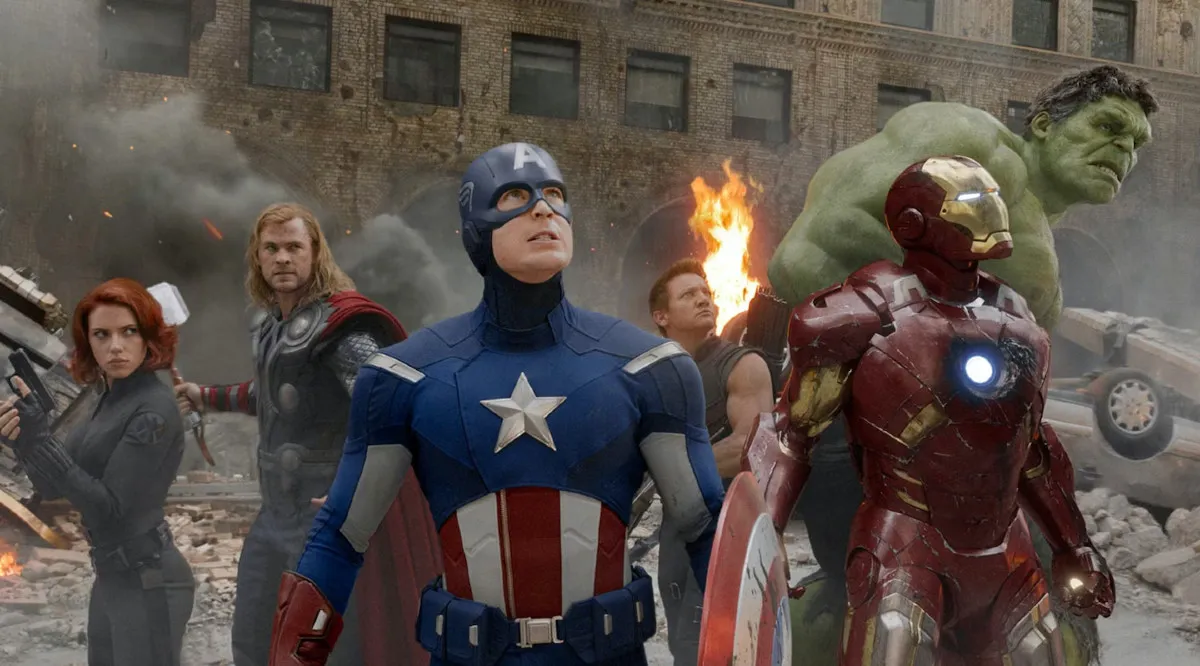 Scarlet Johansson as Black Widow, Chris Hemsworth as Thor, Chris Evans as Captain America, Mark Ruffalo as Hulk, Jeremy Renner as Hawkeye and Robert Downey Jr. as Iron Man in Avengers Assemble 2012