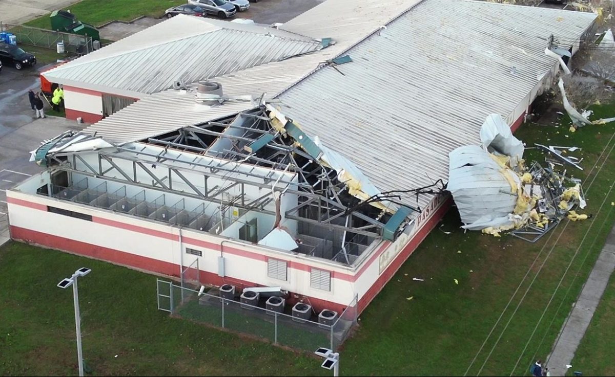 Tornado damaged Pasadena, Texas animal shelter.