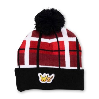 Pikachu & Eevee Red & Black Plaid Knit Beanie with a black knit bobble on top