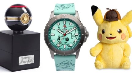 A luxury Pokéball, a Bulbasaur-themed Fossil watch and a Pikachu plush toy.