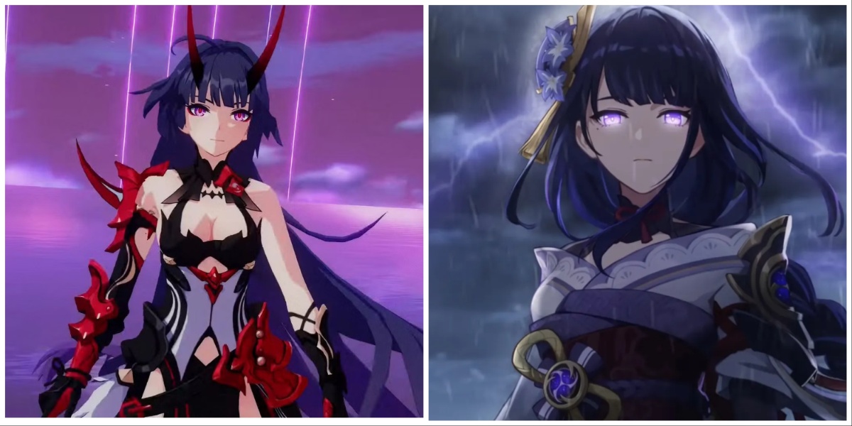 Raiden Mei, Herrscher of Thunder from Honkai Impact 3rd on the right. Raiden Shogun, Ei, God of Lightning from Genshin Impact.