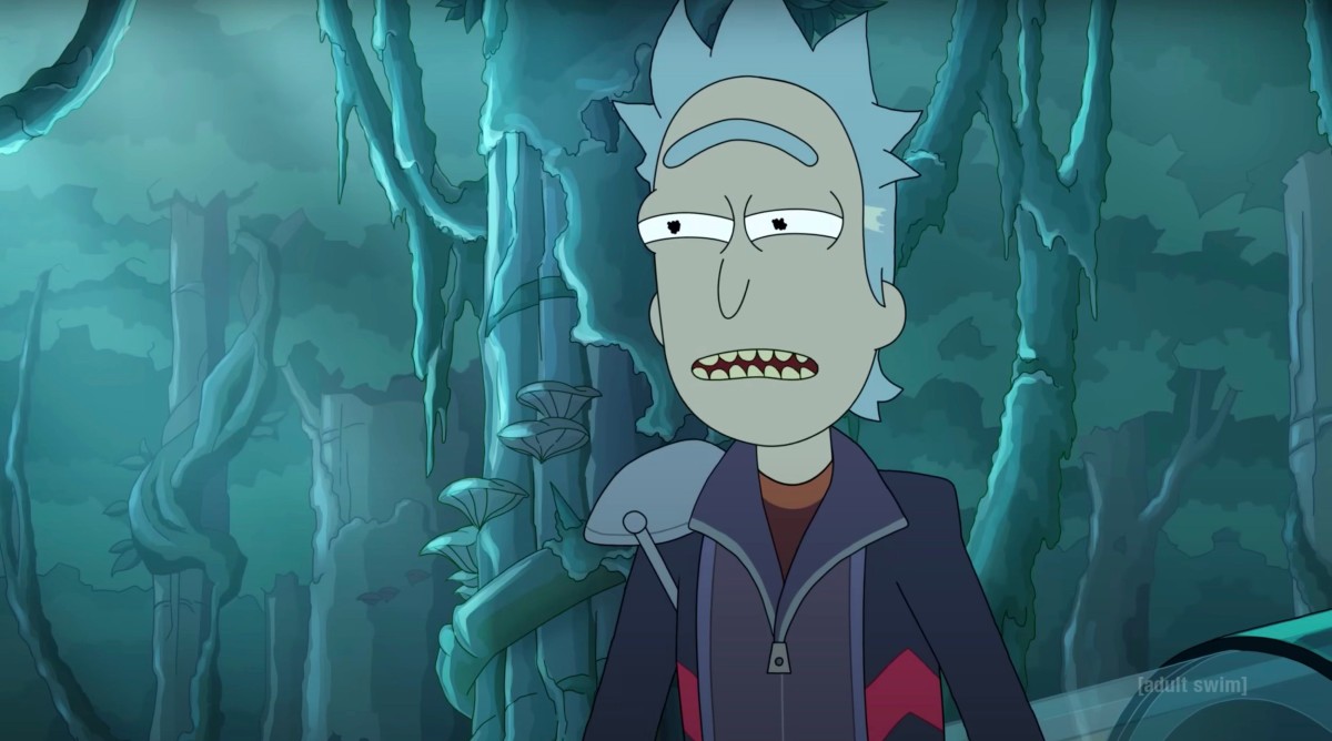 Rick Prime, an animated older white man with gray hair stands in a forest in 'Rick and Morty.' 
