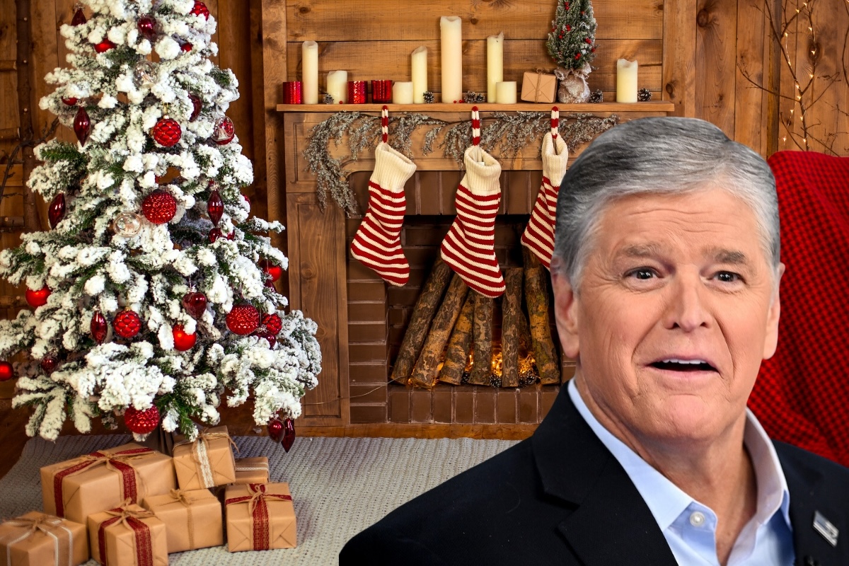 Sean Hannity imposed on an image of a home decorated for Christmas.