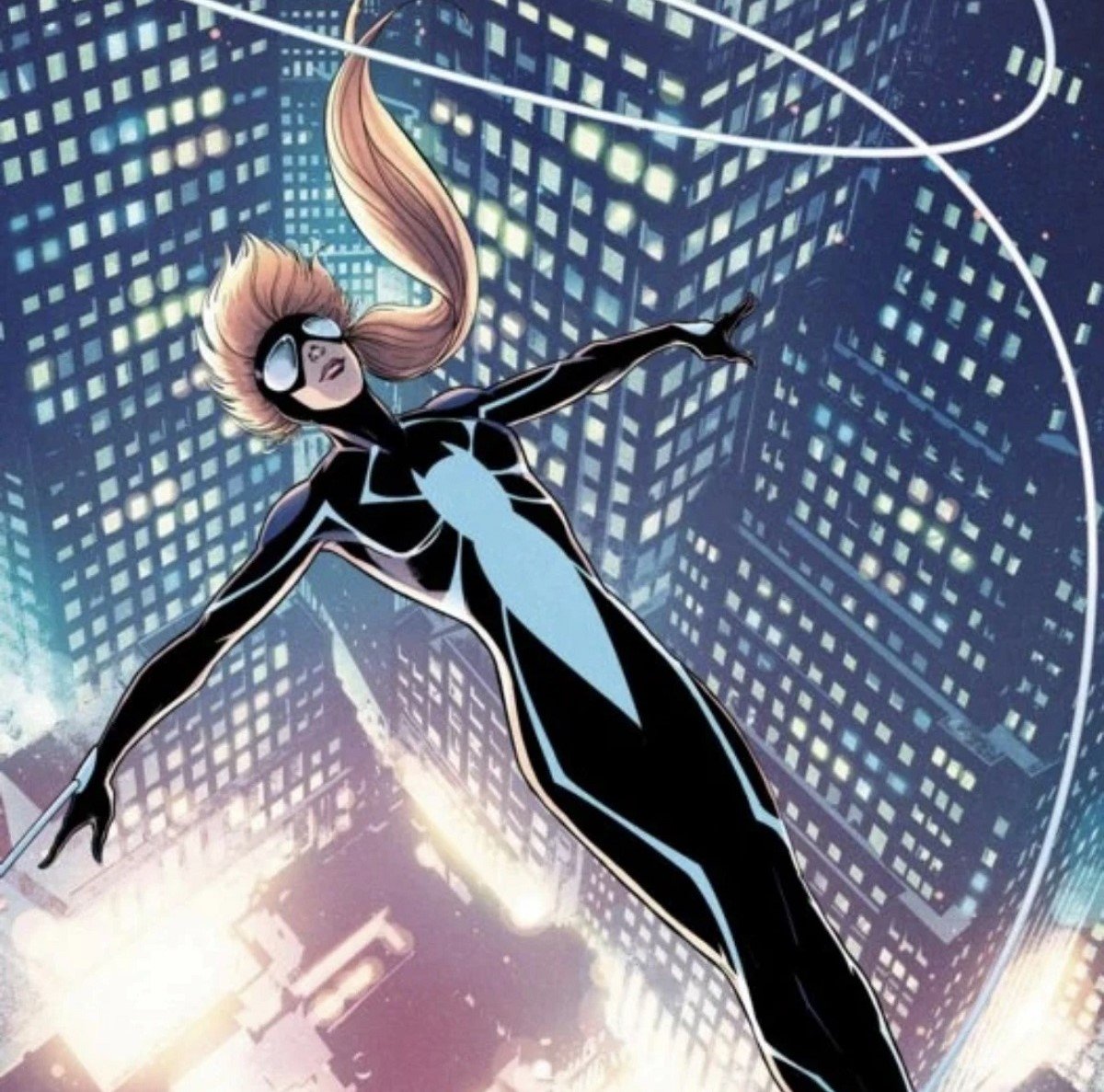 Cover illustration of Anya Corazon as Spider-Girl. She's dressed in a black-and -white spider suit with a mask over her eyes that leaves the bottom of her face open. Her long light brown hair is in a ponytail. She has thrown herself backwards off a building and is calmly gliding toward the grown as a web swirls around her. 