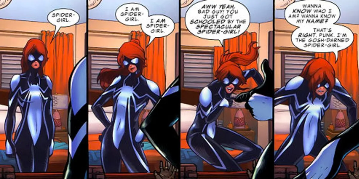 A section of comics panels from an issue of a Marvel comic featuring Anya Corazon's Spider-Girl. She is dressed in her spider-suit, and the strip is divided into four panels where she's looking at herself in a mirror.  Panel 1: She says "Spider-Girl."  Panel 2: she puts her hands on her hips and says "I am Spider-Girl. I am Spider-Girl"  Panel 3: she crouches and does finger-guns at herself, saying "Aww yeah, Bad Guy! You just got schooled by the Spectacular Spider-Girl!"  Panel 4: She's hunched over menacingly and says "You wanna know who I am? Wanna know my name? That's right, punk. I'm the Gosh-Darned Spider-Girl."