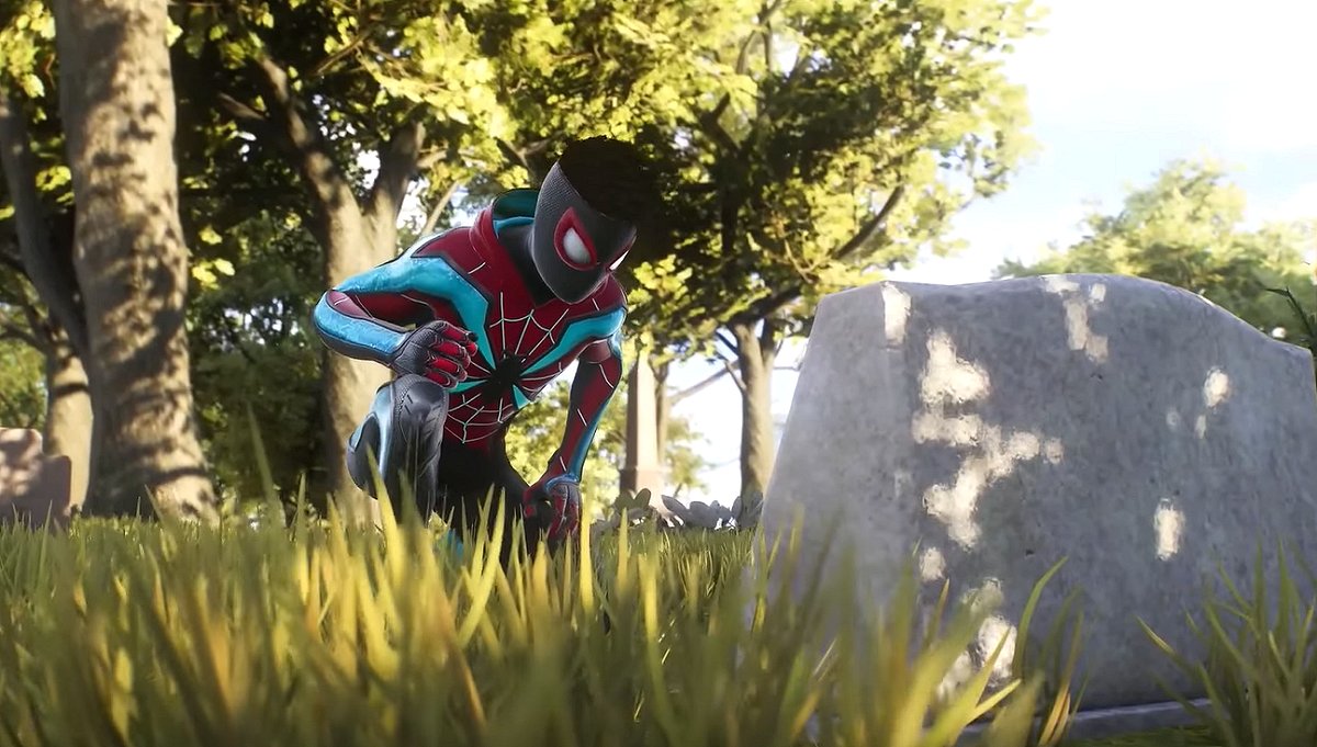 Miles at his father's grave in Spider-Man 2 (Sony)