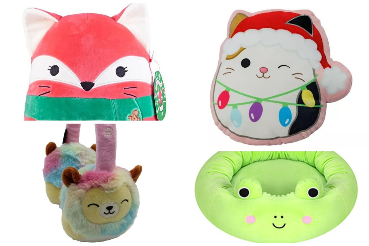 The Christmas Fifi Fox Squishmallow, Cam the cat pillow, Leonard the Lion headphones, and Frog pet bed