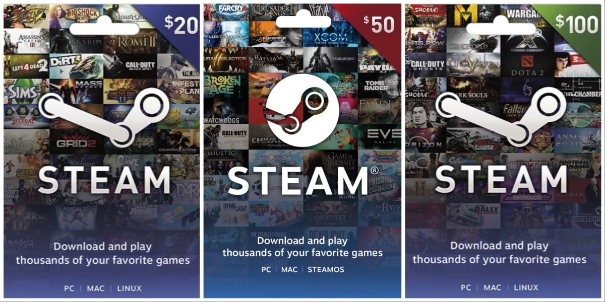Different prices for Steam Gift Cards.