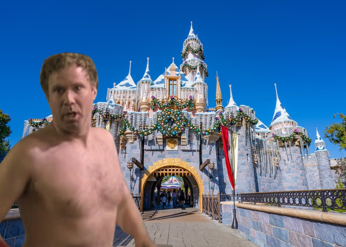 The Disneyland Castle, with a photo of Will Ferrell (waist-up) streaking overlaid
