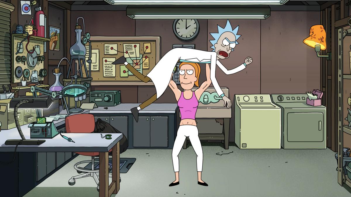 An animated buff young woman lifts her grandpa over her head in 'Rick and Morty.'