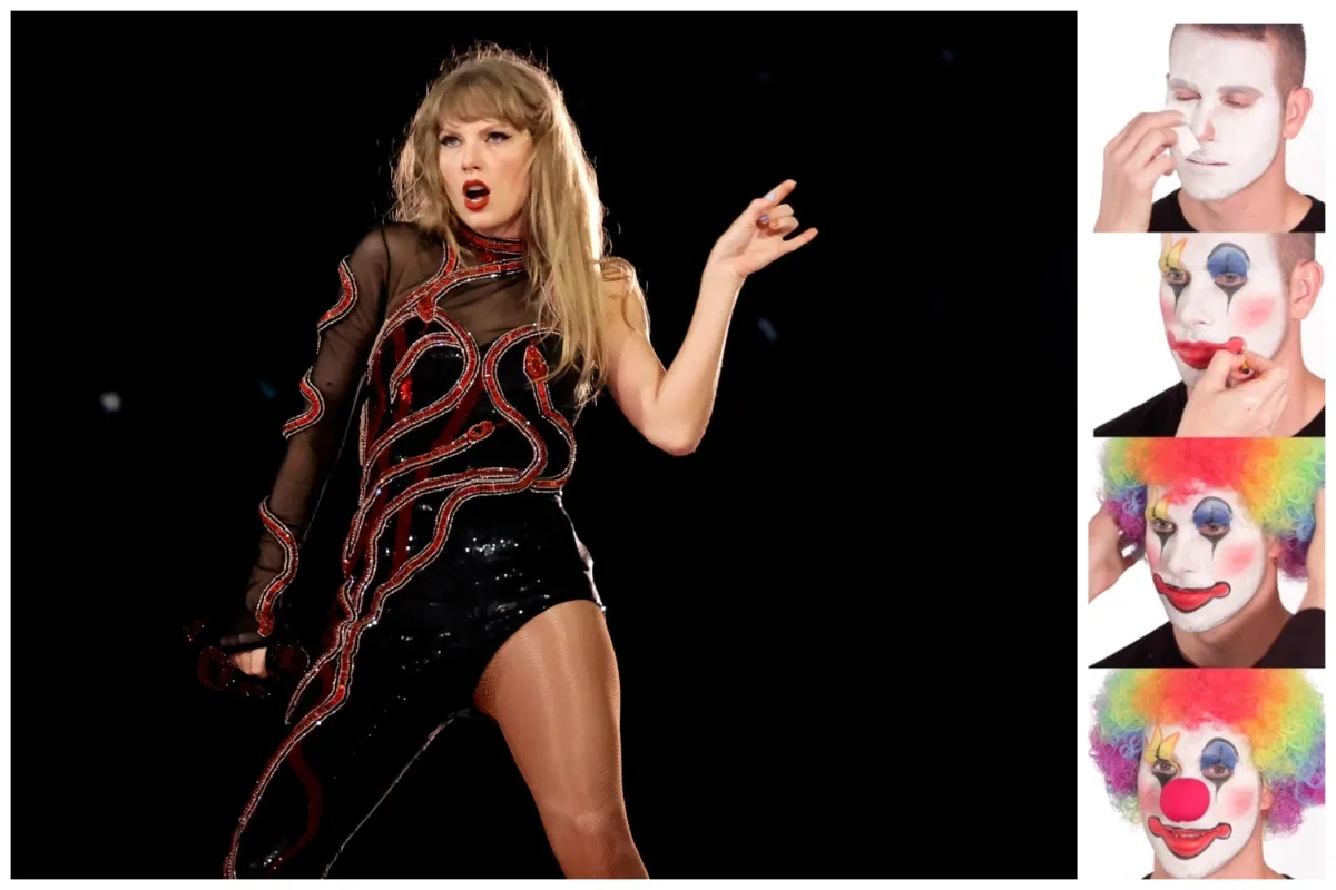 An image of Taylor Swift performing next to a photo series of a man putting on clown makeup