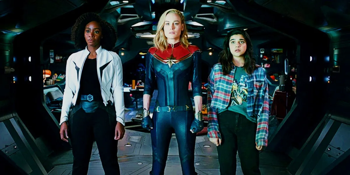 Teyonah Parris as Monica Rambeau, Brie Larson as Carol Danvers, and Iman Vellani as Kamala Khan in The Marvels