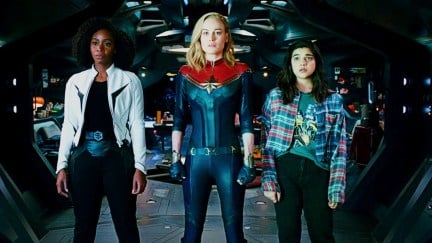Teyonah Parris as Monica Rambeau, Brie Larson as Carol Danvers, and Iman Vellani as Kamala Khan in The Marvels