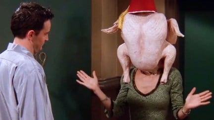Friends Thanksgiving episode, Monica with a turkey on her head.