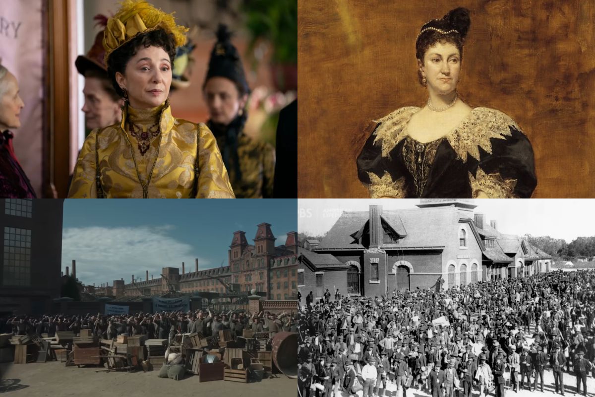 Stills comparing striking workers and Caroline Schermerhorn Astor from HBO's and PBS' The Gilded Age.