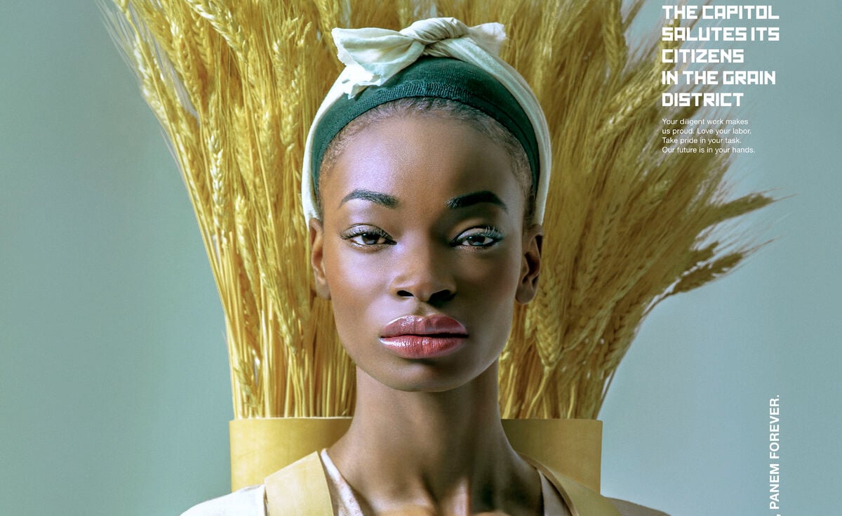 A woman poses with wheat in promotional art for 'The Hunger Games'