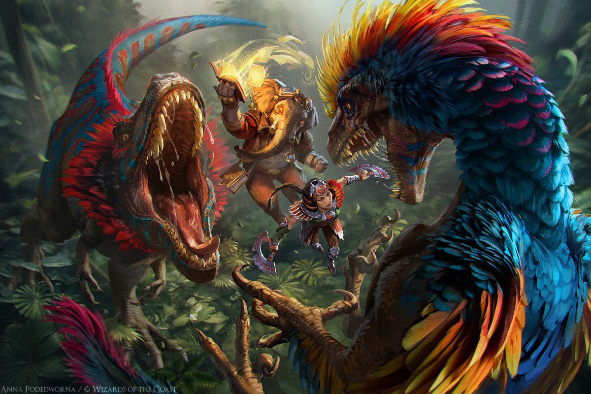 The Lost Caverns of Ixalan key art showing Huatli fighting dinos in Magic The Gathering. 