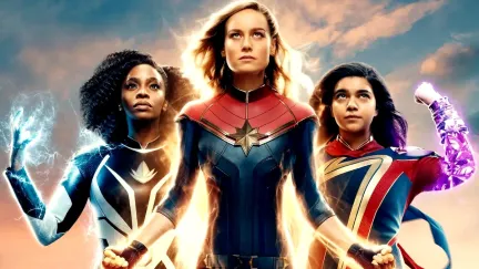 The Marvels poster with Monica Rambeau (Teyonah Parris), Captain Marvel (Brie Larson), and Ms. Marvel (Iman Vellani)