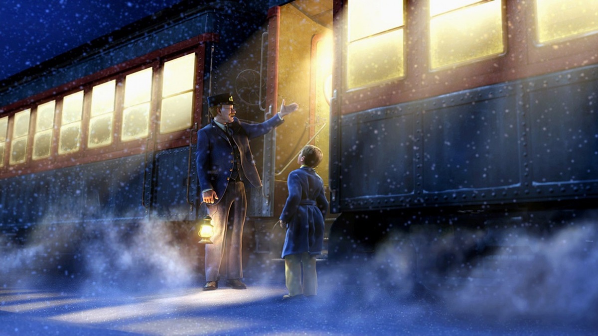The conductor ushers a young boy onto a waiting train in The Polar Express