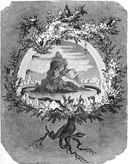 Engraving of Yggdrasil, with Asgard in its branches.