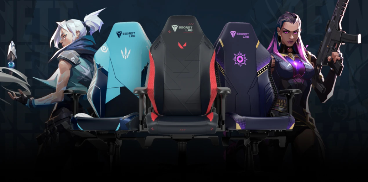 Secretlab's three Valorant-themed gaming chairs: Jett, Valorant, and Reyna