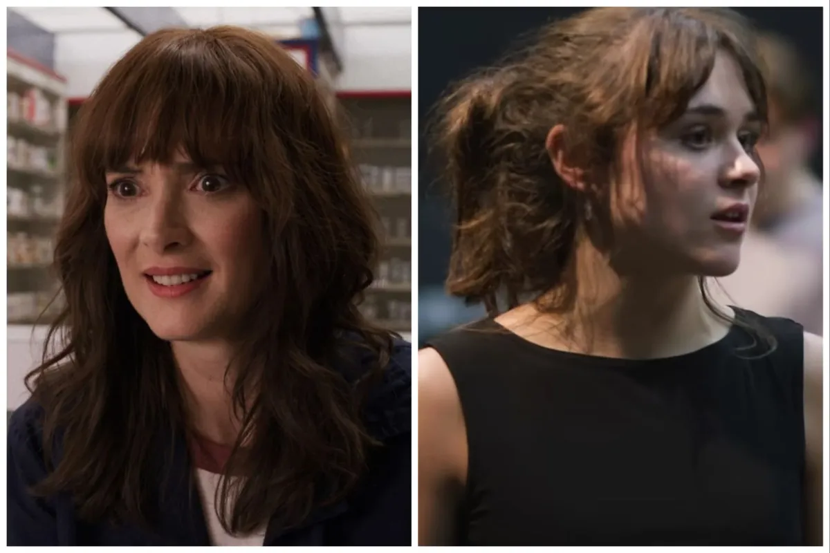 Side-by-side image of Winona Ryder (left) and Isabella Pappas (right) as Older and Younger Joyce from 'Stranger Things' and the 'Stranger Things' play, 'The First Shadow.' Both are white women with shoulder-length brown hair and bangs. Ryder is in her early 50s and is wearing a black blazer over a white shirt with a brown collar. Pappas is a younger woman playing a high-schooler. Her hair is in a ponytail, and she's wearing a black sleeveless shirt.
