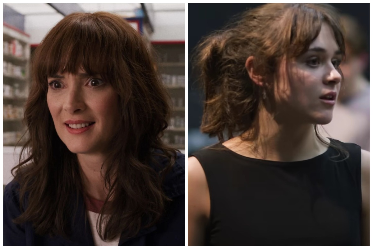 Side-by-side image of Winona Ryder (left) and Isabella Pappas (right) as Older and Younger Joyce from 'Stranger Things' and the 'Stranger Things' play, 'The First Shadow.' Both are white women with shoulder-length brown hair and bangs. Ryder is in her early 50s and is wearing a black blazer over a white shirt with a brown collar. Pappas is a younger woman playing a high-schooler. Her hair is in a ponytail, and she's wearing a black sleeveless shirt. 