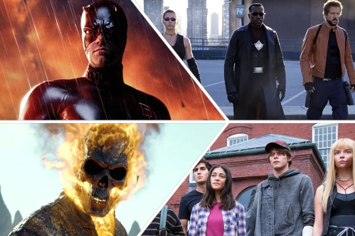 Collage of the worst Marvel movies featuring Daredevil, Blade: Trinity, Ghost Rider: Spirit of Vengeance, and The New Mutants