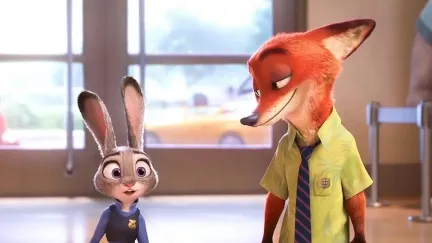 cartoon rabbit in police uniform standing with fox in yellow shirt and tie