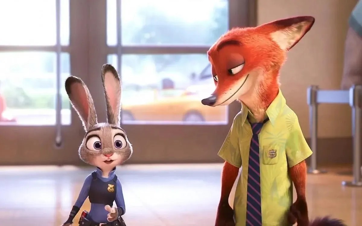 cartoon rabbit in police uniform standing with fox in yellow shirt and tie