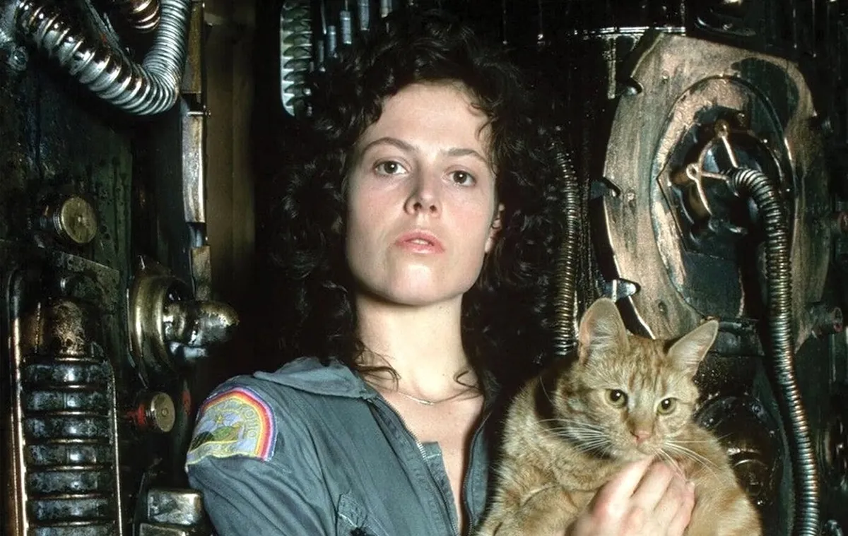 Sigourney Weaver as Ripley holds Jonesy the cat in 'Alien'