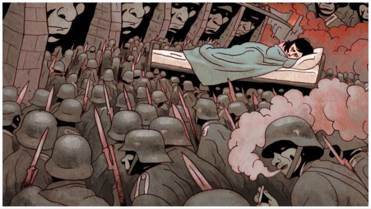 A little girl in bed dreams of the marching Nazi army in Anne Frank's Diary: The Graphic Adaptation.