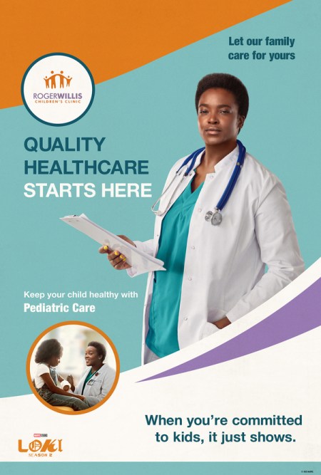 A poster showing B-15 in a doctor's coat. The poster reads, "Quality Healthcare Starts Here" and has a logo for Roger Willis Community Clinic.