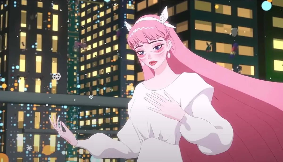 Pink haired protagonist Belle spreads her arms in a cityscape in "Belle"