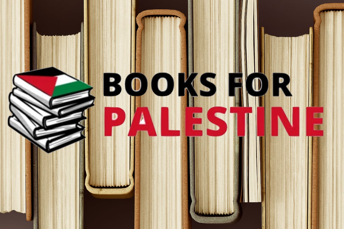 The logo for the Palestine auction, with art of a pile of books on the left topped by one with a Palestinian flag design. The words Books for Palestine are centered to the right of the art, overlaid on a photo of a row of books.