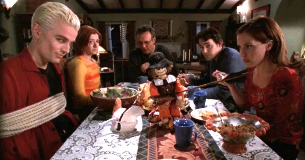 The Scooby Gang at the Thanksgiving Table in Buffy the Vampire Slayer Season 4 episode Pangs