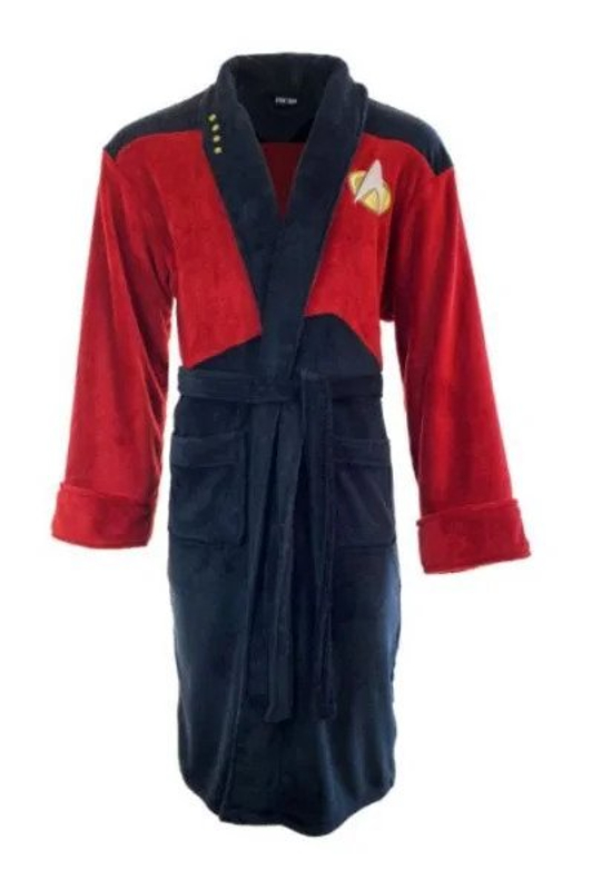 A bathrobe in the red and black command uniform pattern, with captain's pips and a comm badge on the left side.