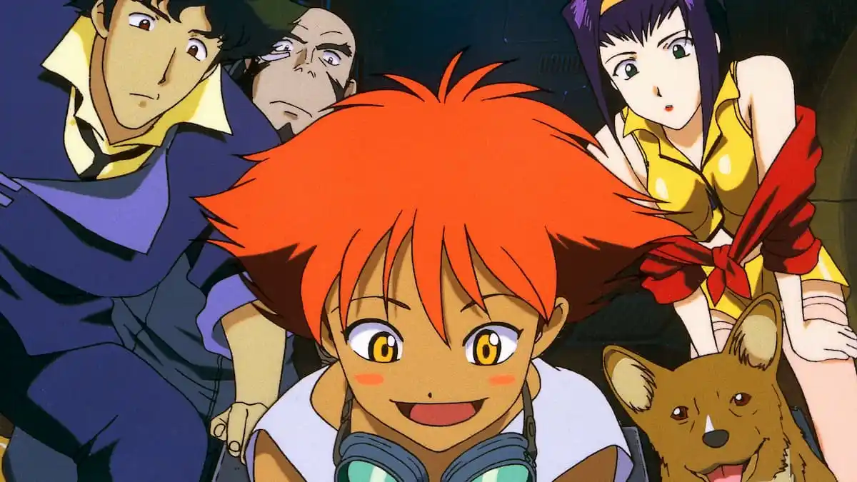 Spike, Jet, Faye, and Ein ogling Ed's discoveries in Cowboy Bebop