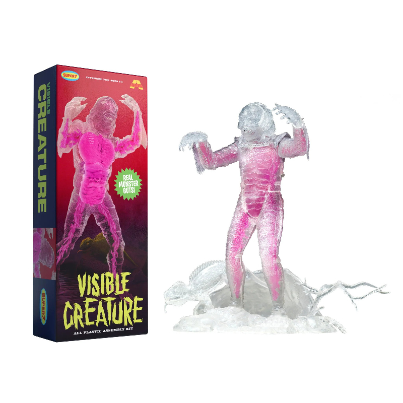 A transparent monster with pink innards posed in classic hands raised chase form, next to a pink and green box with the words Visible Creature on it.