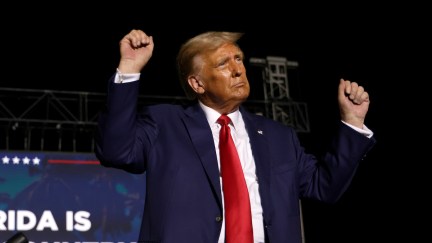 Donald Trump does a sad little celebration dance at a speaking event.