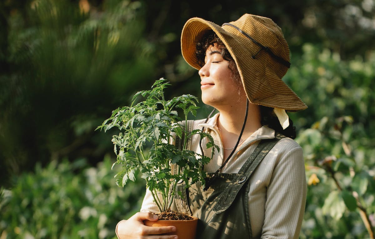 A woman in a floppy straw hat smiles with her eyes closed, holding a potted tomato plant. Trees are visible behind her.