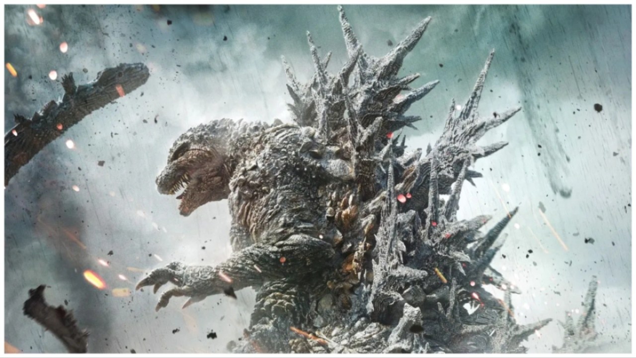 Godzilla, a giant lizard creature with spikes on his back in 'Godzilla Minus One'.