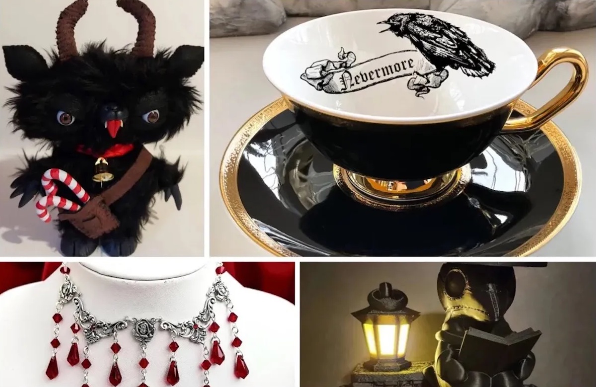 A baby Krampus doll, black and gold teacup, silver and red crystal necklace, and a plague doctor lamp