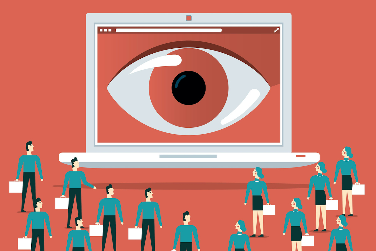 An illustration of a giant eye watching a crowd of people from a laptop.